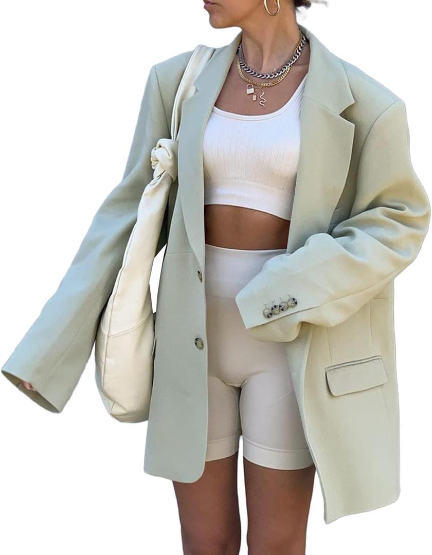 Grlasen Women Casual Elegant Long Sleeve Oversized Lapel Blazers Open Front Solid Work Office Jacket Blazer (Green, S)
