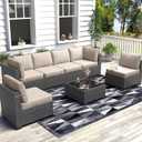 6 Piece Outdoor Patio Furniture Set with Coffee Table, Rattan Deck Conversation Sofa Set, All-Weather Sectional Rattan Sofa with Glass Top Coffee Table, Poolside, Garden, Porch, Grey + Beige