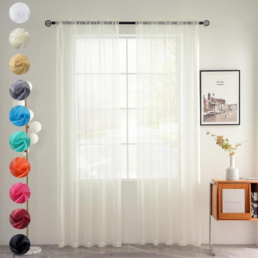 Youleyar Solid Sheer Rod Pocket Curtain Voile Draperies 2 Panels White Beige Black Grey Coffee 52 Inch Width 72 Inch Long 1 Pair for Kitchen Bedroom Children Living Room Yard(Ivory,52Wｘ72L)