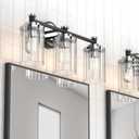 Bathroom Lighting Fixtures Black and Chrome Bathroom Vanity Light with Cylindrical Clear Stripes Glass Lampshade E26 Socket Base Bathroom Lighting Fixtures Over Mirror (3 Lights)