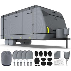 RVMasking Travel Trailer RV Cover 24-26ft, 7 Layers Extra-Thick Camper Cover Waterproof Windproof for Toy Hauler with 4 Tire Covers & Tongue Jack Cover, Durable Trailer Cover for RVs, Medium Gray