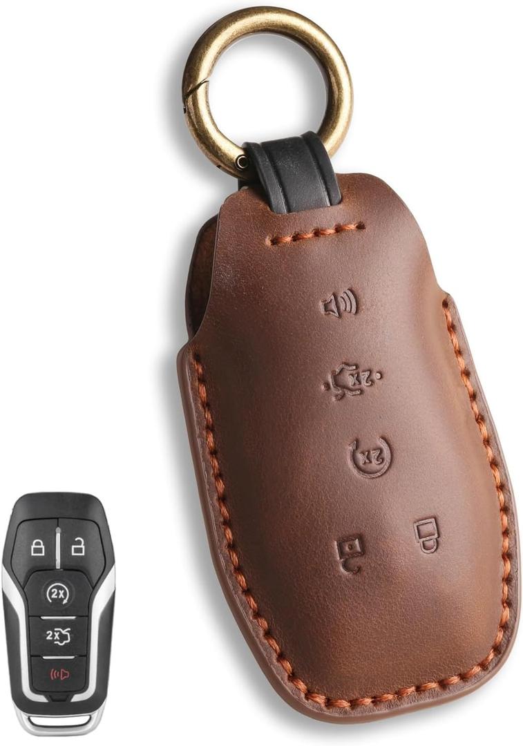 fits for Ford Key Fob Cover . Compatible with 2013-2017 F150 Mustang Explorer Fusion Edge MKZ MKC MKX Fits for Lincoln 5 Button Smart Leather Car Key Protector Fob Chain/Brown