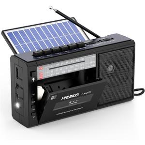 PRUNUS J-360 Cassette Tape Player Boombox with Bluetooth,Tape Player Recorder, AM FM Portable Radio,Solar/Battery Operated/Rechargeable,AUX/TF/USB Drive, Headphone Jack,Tape Recorder Cassette Player