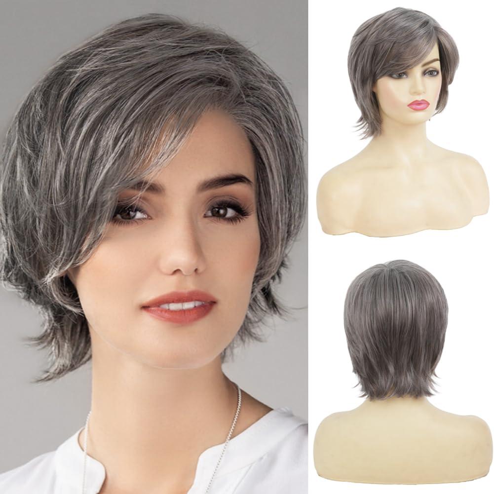 Kaneles Gray Short Wigs with Bangs Natural Fluffy Synthetic Hair Wigs for Women Grey Hair Replacement Wigs for Daily Use