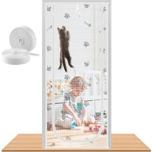 Reinforced Cat Screen Door, Fits Door Size 32" x 80", Pets Proof Screen Door with Zipper Closure, Durable Cat Resistant Screen Door Mesh for Living Room, Bedroom, White