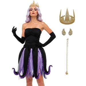 Women 6 Pcs Ursula Costume Octopus Tentacle Dress Shell Necklace Earrings Halloween Mermaid Party Villain Outfit (Black, S)