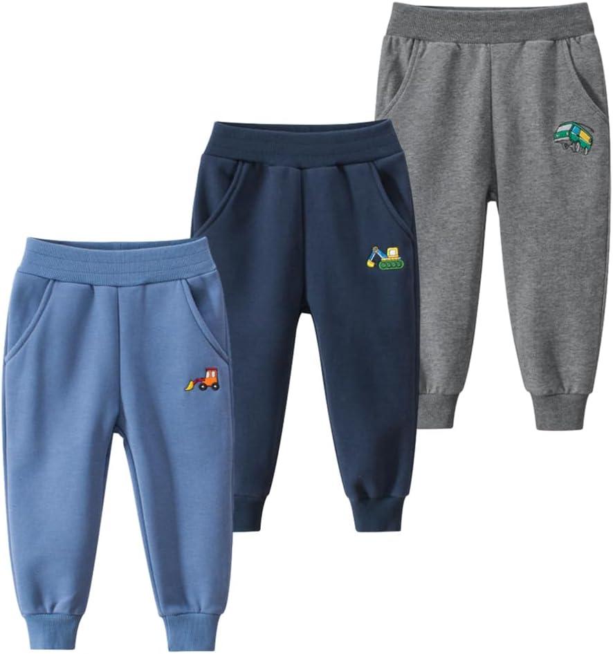 GFQLONG Toddler Boys 3 Pack Cotton Active Jogger Pants,Kids Cartoon Sweatpants Casual Lounging Bottoms (4-5T, Excavator+ Bulldozer+ Bus)