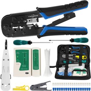 RJ45 Crimp Tool Kit for Cat5 Cat5e Cat6, Ethernet Crimper Toolkit with a RJ45 Crimping Tool, RJ45 Cat5 Connectors, RJ45 Connector Covers, Network Cable Tester, Pack of 10