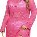 Beautife Womens Plus Size Swimsuit Cover Up Crochet Long Sleeve Mesh Knit Crew Neck Beach Coverup Dress 