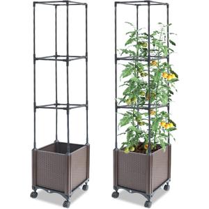 Quibbay Raised Garden Bed with Tomato Planter Cage,50.4" Self Watering Tomato Planter with Plastic Coating Steel Pipe for Climbing Vine Flowers Outdoor, Tomatoes Cage with Trellis Wheels, 1Pack