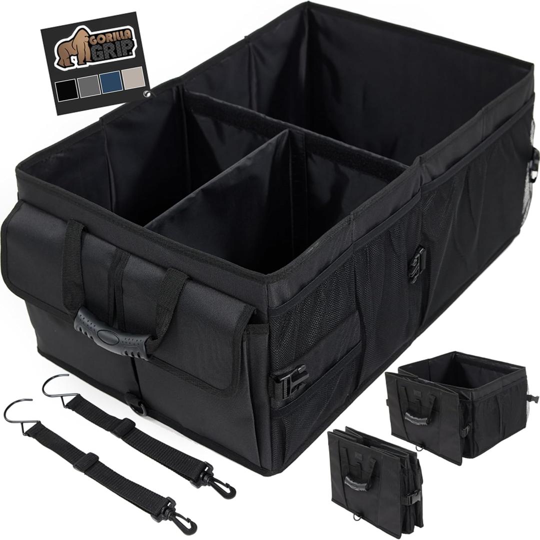 GORILLA GRIP Large Capacity Sturdy Trunk Storage Organizer, Slip and Water Resistant Collapsible Organization Container for Car Sedan or SUV, Multi Compartment Container Box Vehicle Accessories, Black