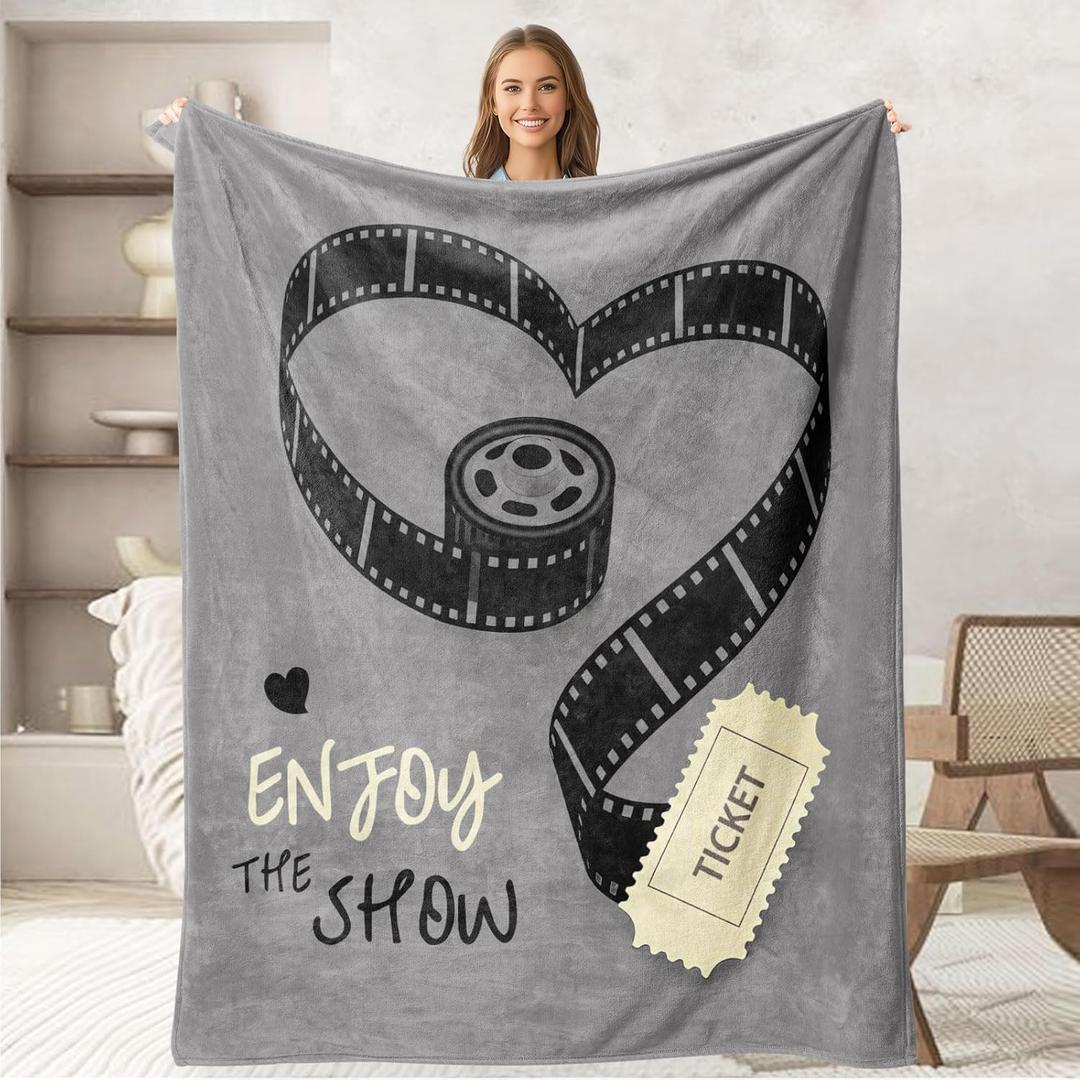 keepitcozi Movie Throw Blanket for Movie Lovers Adult Kids, Film Theater Gifts Blanket Home Room Decor for Women Men, Flannel Soft Blanket for Bed Couch 50"x60" (Grey Black-movie)