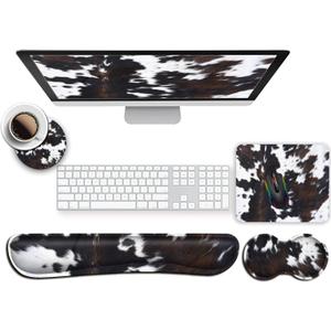Keyboard Wrist Rest and Mouse Wrist Rest Support Padded Memory Foam Set, Durable Non-Slip Base for Computer Laptop Office Accessories,Ergonomic Mouse Pad Cute Cowhide Brown Black Cow