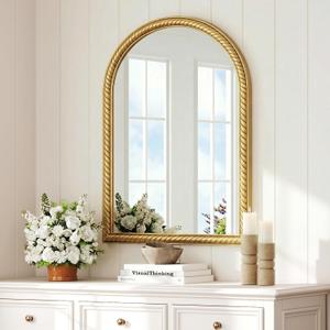PERHOM Gold Wall Mirror- 36"x24" Large Arched Mirror with Rope Metal Frame, Wall Decor Mirrors for Bathroom, Living Room,Dining Room,Bedroom, Mantel,Entryway