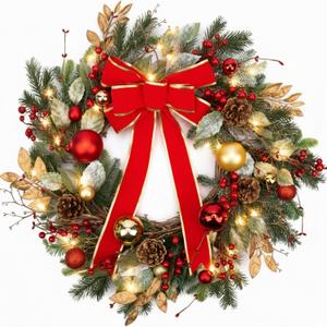 24 Inch Christmas Wreath for Front Door with Lights Winter Wreath Red Bow Pine Needles Pine Cones Christmas Ball Decorations for Indoor Outdoor Xmas Decor
