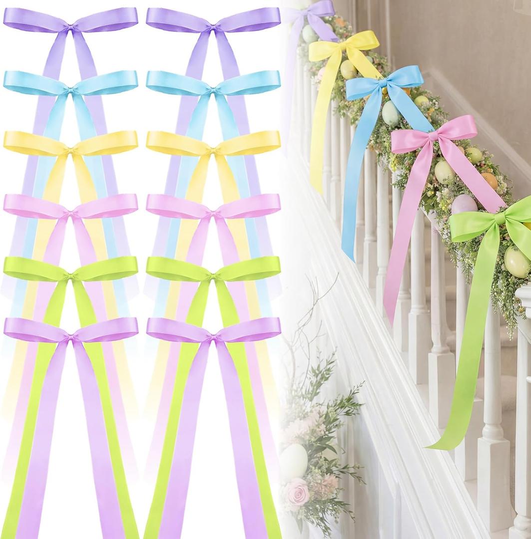 12 Pcs 24 Inch Pastel Ribbon Bows Large DIY Easter Spring Holiday Bow Garland Banner Crafts Decor for Wreath Basket Mantle Tree Topper Home Front Door Outdoor Fence Decor(Pastel Satin)
