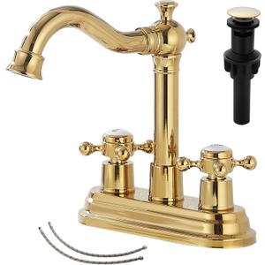 GGStudy Bathroom Faucet Polished Gold 2 Handles 4 Inches Centerset RV Vanity With Drain Assembly and Supply Hose
