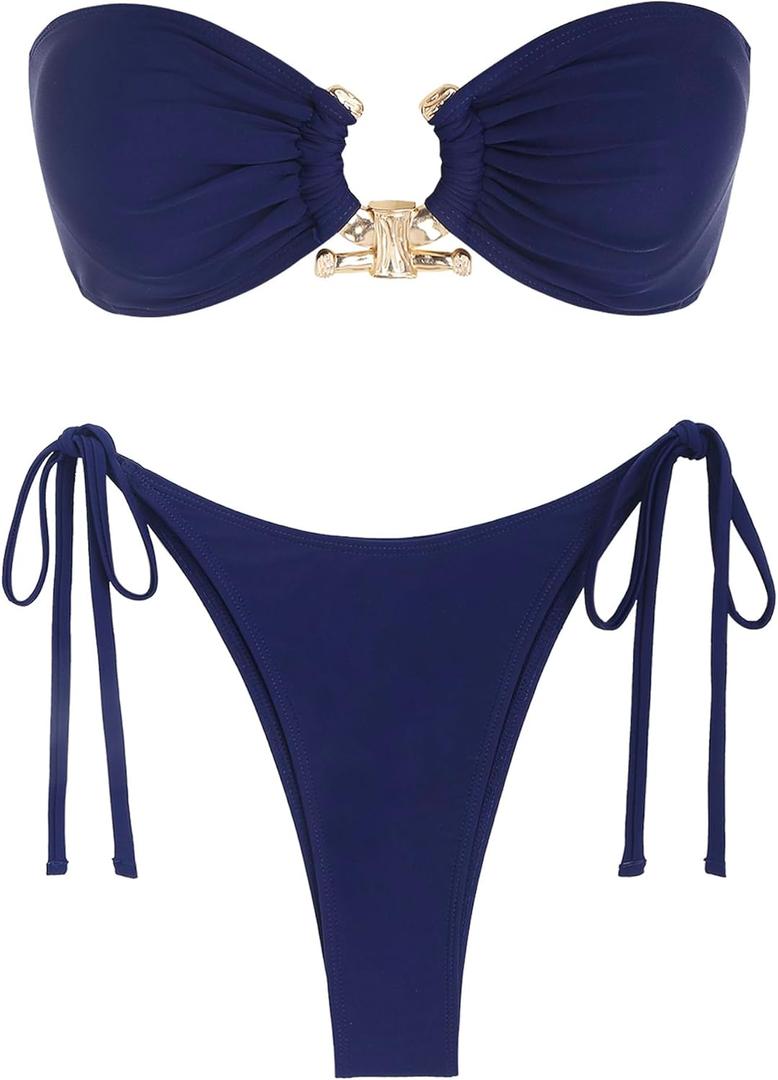 ZAFUL Metal Ring Bandeau Bikini Set Tie Side Bathing Suit High Cut 2 Piece Swimsuit Cutout Swimwear (X-Large, Matte Deep Blue)
