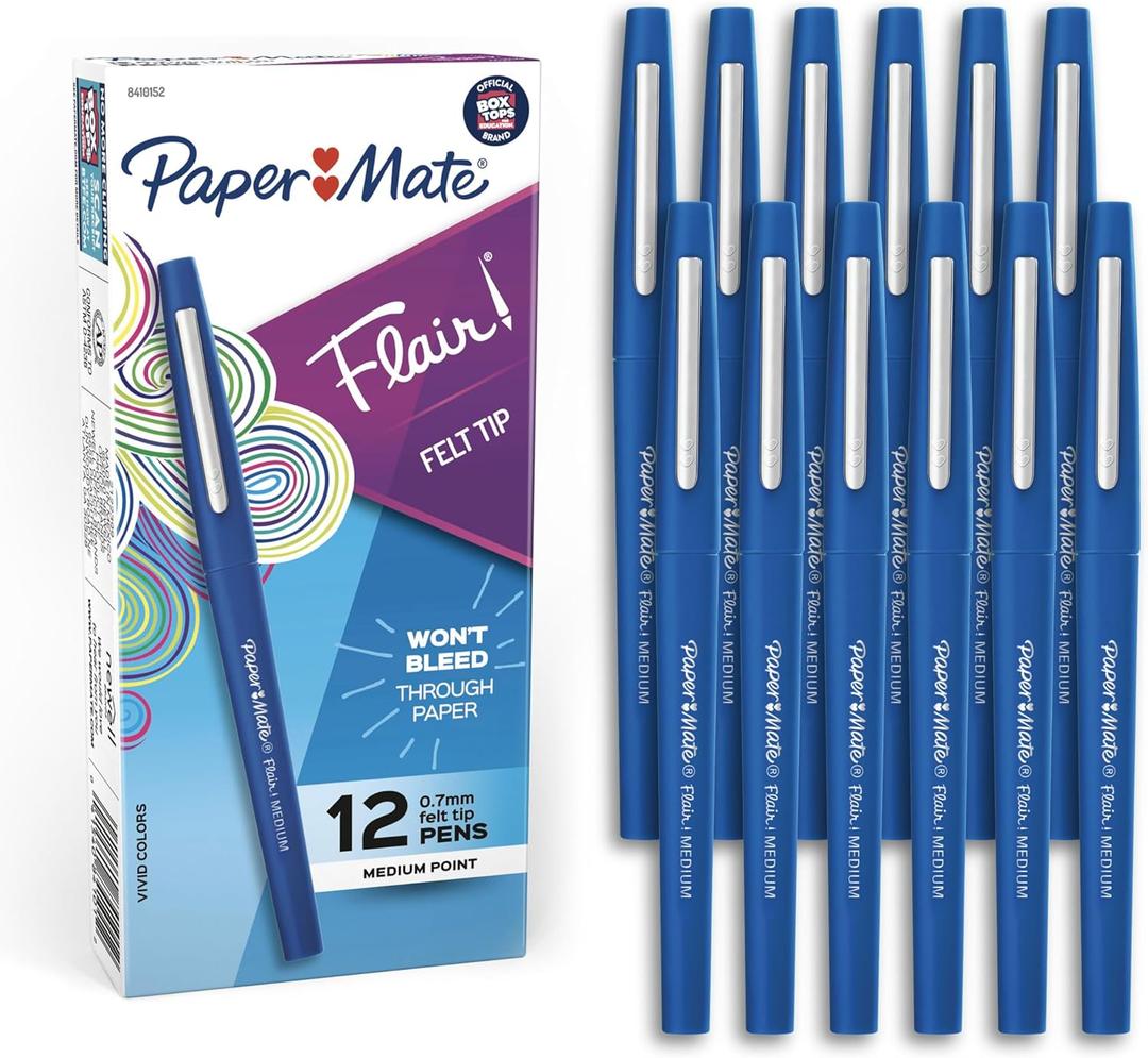 Paper Mate Flair Felt Tip Pens, Medium Point (0.7mm), Blue, 12 Count - Teacher Supplies, Arts & Crafts, Back to School
