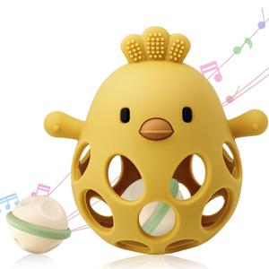 ChooKaChoo 2-in-1 Baby Teething Rattle Toy, Sensory Grasping Teether for Infants 3-12 Months, 100% Food-Grade Silicone, Easy to Hold, Soothing & Developmental, BPA Free (Ginger)