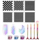Mermaid Scale Stencil Set 9 Pieces Reusable Mermaid Face Makeup Stencils Fish Scale Templates, 3 Bottles Glitter and 4 Pcs Eye Makeup Brushes - Women Girl Cute Make Up DIY Tool Set