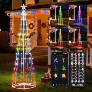 7.5Ft Smart LED Christmas Cone Tree Light, Lighted Artificial Tree with Star Topper, Music Sync with Remote APP Control, DIY RGB Light Show Tree for Xmas Indoor Outdoor Decorations (RGB)