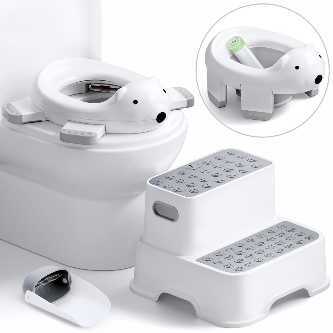 Baby Potty Training Seat with Step Stool, Potty Training Toilet for Baby to Toddler with Trash Bags and Spout Extender, Kids Portable Potty and Step Stool Set