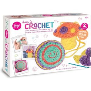 Boye 43-40236 Mushroom Bag and Smiley Face Pillow Learn to Crochet Kit for Beginners with 2 Projects, Multicolor, 12 Pieces