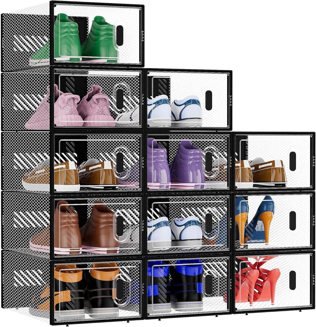 BALEINE 12 Pack Stackable Shoe Storage Boxes Fit Size 9, Thickened Clear Shoe Box Bins with Lids, Plastic Foldable Organizer Sneaker Storage Containers (Large, Black)