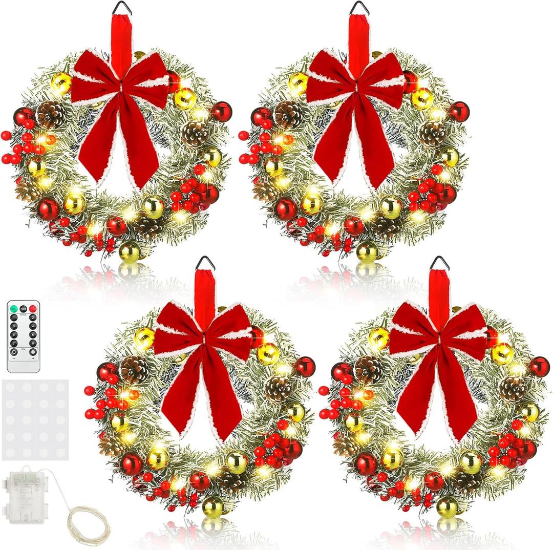 Ceenna 4 Pcs Pre-lit Artificial Christmas Wreaths 14 Inch Timer Lighted Christmas Wreaths with Bow Red Berries Pinecone Pine Needles 8 Model LED Light Xmas Wreath for Front Door Window Wall Holiday