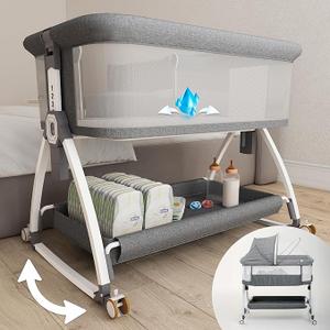 Earth&ME Baby Bassinet Bedside Sleeper with Rocking - All Mesh Portable Bedside Crib for Safe Co-Sleeping, Storage Basket and Wheels, Adjustable Height, Includes Travel Bag, Mosquito Net (White)