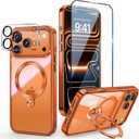 [Tri-Shield Protection] for iPhone 17 Pro Max Case with 360 Spin Stand Compatible with MagSafe [Magnetic CD Ring][Screen & Camera Lens Protector]Shockproof Plating Never-Yellowing, Cosmic Orange-6.9"