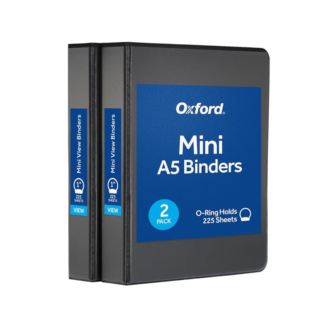 Oxford Mini View Binders, 1" Round Rings, Small Binders for School or Office, Holds A5 Size Paper, 2 Clear Pockets, PVC-Free, Non-Stick, 5.5 x 8.5 inches, Holds 225 Sheets, Black, 2 Pack (1017044)
