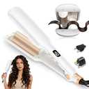 Hair Crimper Waver Curling Iron, 1/2 Inch Beach Waves Curling Wands, Ceramic 2 Barrels Deep Waver, Dual Voltage Hair Culer Tools with EU/UK Plug Adapter,12 Temps, 30S Heat up, Auto-Off (White Gold)