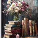 YSPCSUN Still Life Floral Canvas Wall Art Vintage Stacked Books Picture Rustic Farmhouse Decor For Living Room Large Impasto Style Flower Painting Print Gallery Wrapped Framed 36x24 Inch