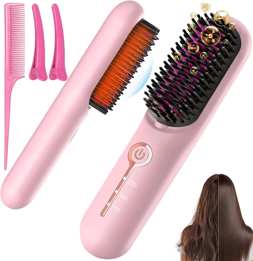 Cordless Hair Straightener Brush, Portable Ionic Plus Frizz-Free Straightening Brush, Rechargeable Touch Up On-the-Go Brush, MCH Fast Heating, 5D Dense Bristles, Auto-Off, Anti-Scald for Women Travel