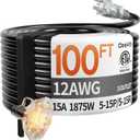 100 ft 12 Gauge Heavy Duty 3 Outlet Extension Cord Splitter with Indicator, Waterproof Outdoor Extension Cord with Multiple Outlets, 15A 1875W for Home & Workshop, ETL Listed, Black SJTW