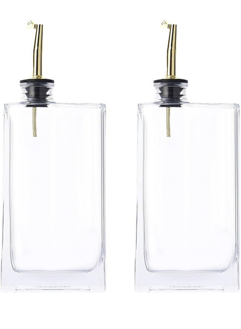 WAFJAMF Cruet Oil and Vinegar Bottles Set with Wire Caddy, Oil Container Cruet Set, Two 6 Oz. Square Glass Bottles,