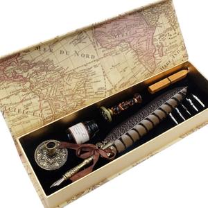 Antique Quill Pen Unique Half-Patterned Feather Pen Set with 6 Nibs 1 Bottle of Ink 1 Seal Stamp 1 Pen Holder 1 Sealing Wax LL-149