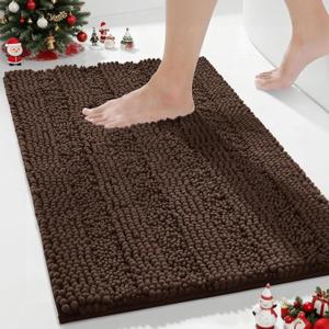 Yimobra Bathroom Rug Mat, Non Slip and Super Absorbent Bath Mat, Machine Washable Quick Dry, Ultra Plush Chenille Shower Rugs for Bathroom Floor Sink Tub and Shower Outside, Brown, 24 x 17