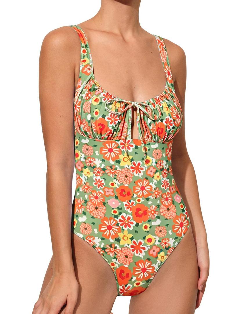 BERLOOK Womens One Piece Swimsuits Floral Push Up Bathing Suit Sexy Tie Slimming Swimsuits for Women Swimwear Orange, L