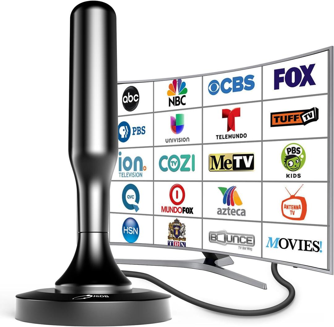 HIDB TV Antenna for Smart TV Indoor, HD Digital TV Antenna for Local Channels Indoor with Magnetic Base, 4K 1080P, 360° Reception, Long Range, 8.2FT Cable, Support TVs with Built-in Tuner