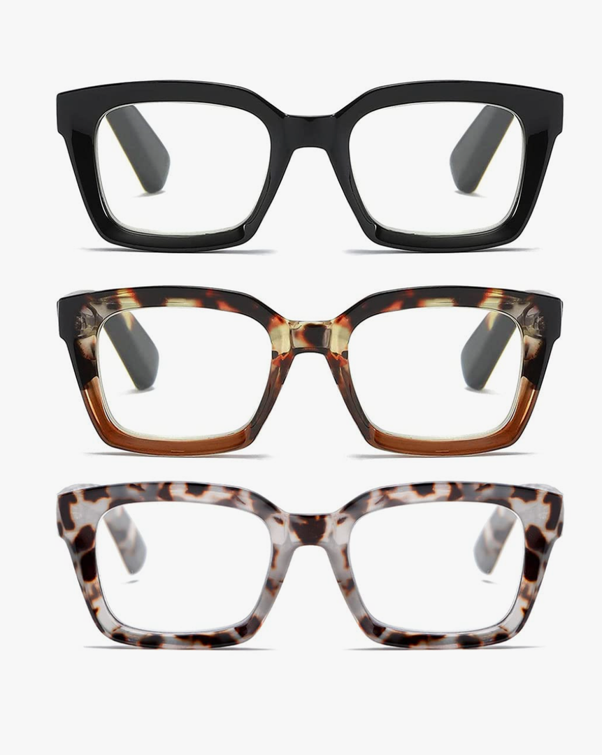 3 PACK MIYYA Readers for Women Oprah Style Square Reading Glasses with Spring Hinge Blue Light Blocking for Men Ladies