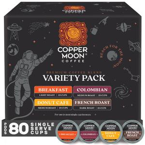 Copper Moon Single Serve Coffee Pods For Keurig K-Cup Brewers, Light Medium & Dark Roast, Variety Pack, 80 Count (EXP 07/01/28)
