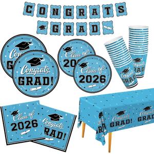 Graduation Party Supplies Gatherfun Graduation Party Dinnerware Set Sky Blue Disposable Paper Plates Napkins Cups Tablecloth Banner for Congrats Grad Party Decorations, Serve 25