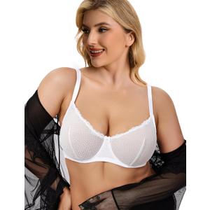 Wingslove Sexy Lace Mesh Bras Plus Size See Through Unlined Sheer Bra Underwire for Heavy Breast (42G, Light White)