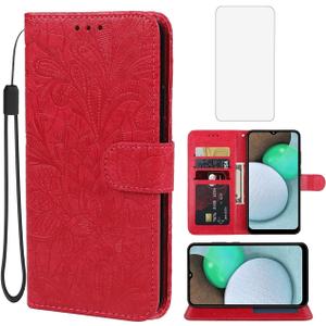 Case for Galaxy A03S Case, Samsung A03S SM-A037U Wallet Case with Tempered Glass Screen Protector, Lace Flower PU Leather Flip Credit Card Holder Phone Cover for Samsung Galaxy A03S Red