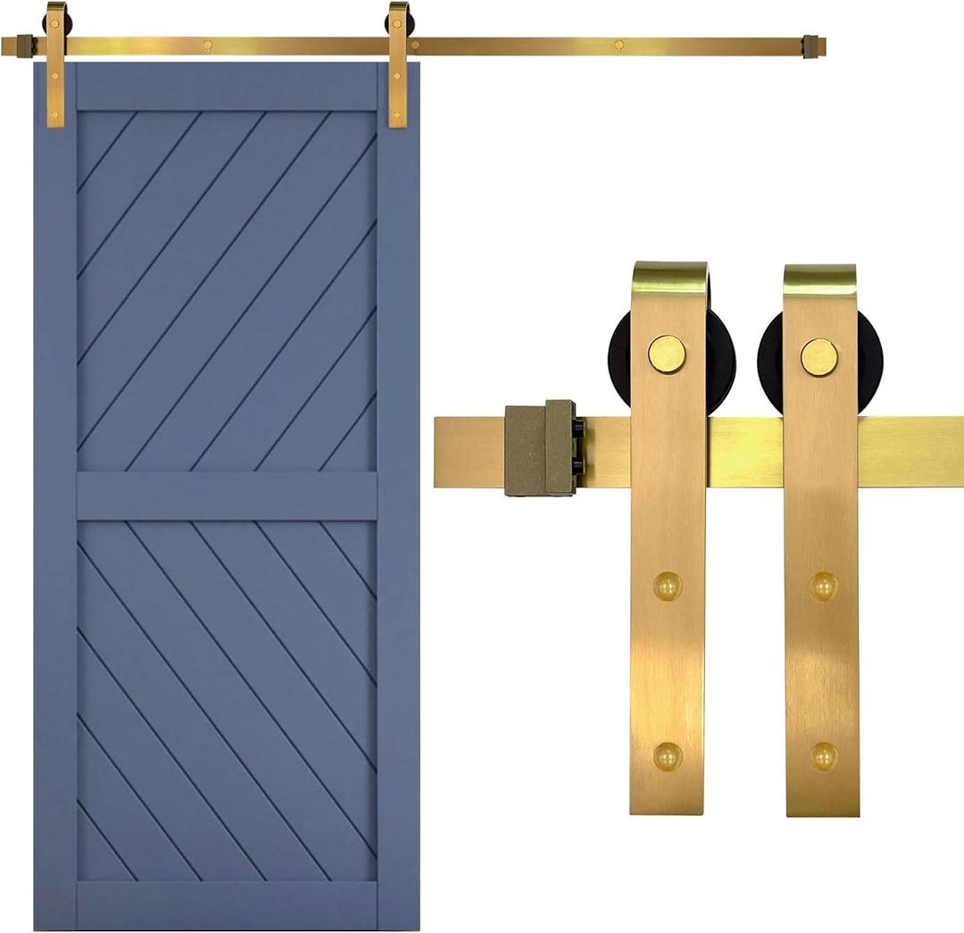 Rio Salto Gold Barn Door Hardware Kit Adjustable Length up to 6ft 7in (36"-79") Sliding Hardware Modern Barn Interior Gold Brushed Brass Panel Hardware - 6ft 7in - NO Door