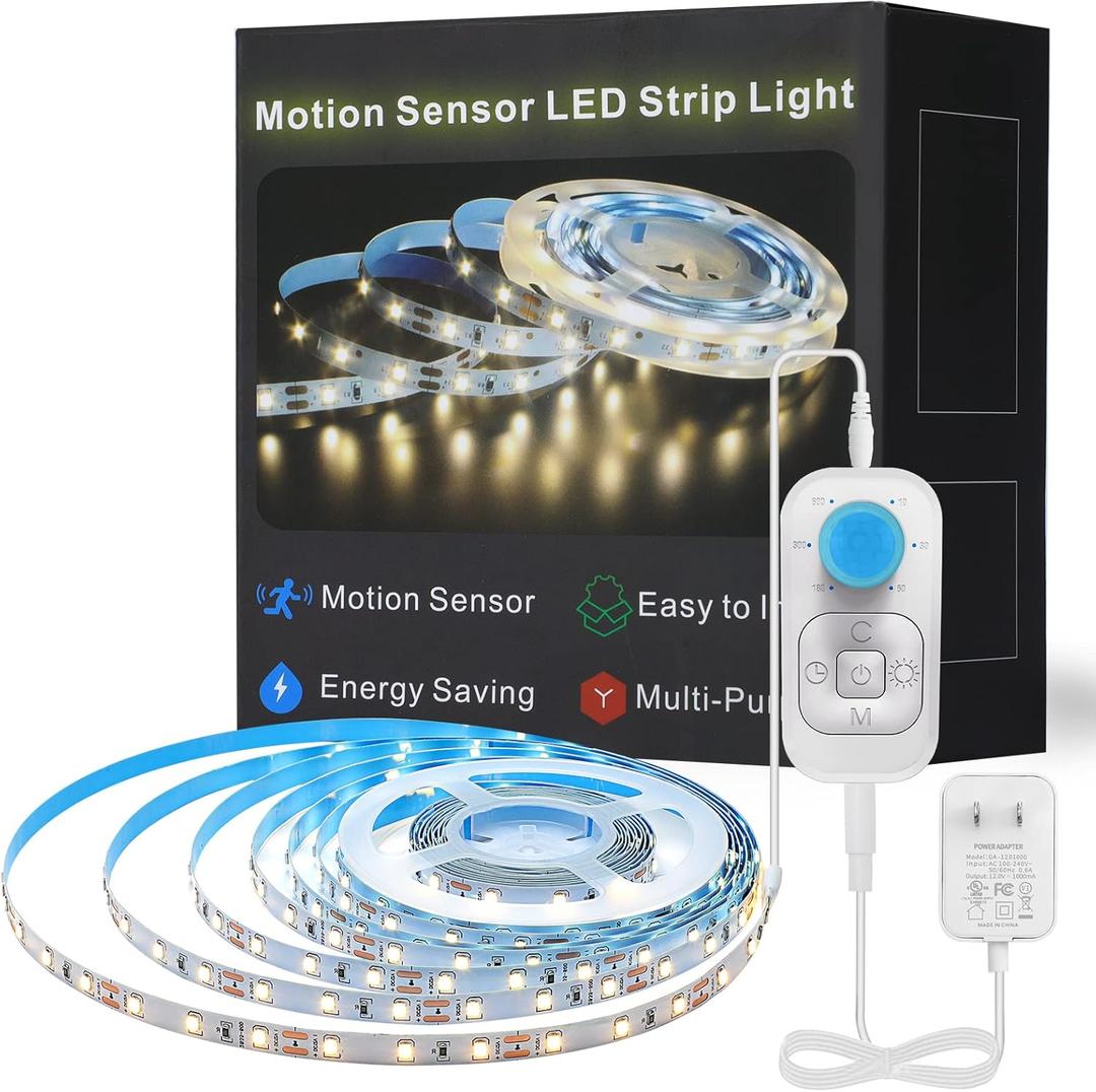 Motion Sensor Led Light Strip - Under Cabinet Lighting with Power Adapter, 6 Adjustable Brightness and Timing, Light Strips for Kitchen Cabinets, Stair, Showcase, Bedroom, 16.4ft 3000K Warm White