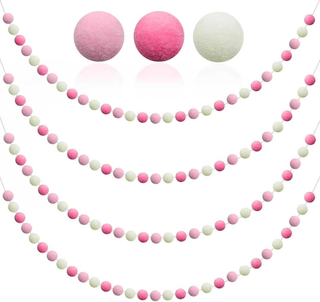 2 x 4 Pack 6.5 Feet Long Pom Pom Garland Red Pink White Felt Ball Garland 30 Balls for Valentine Day Wedding Party Birthday Decor Ornament